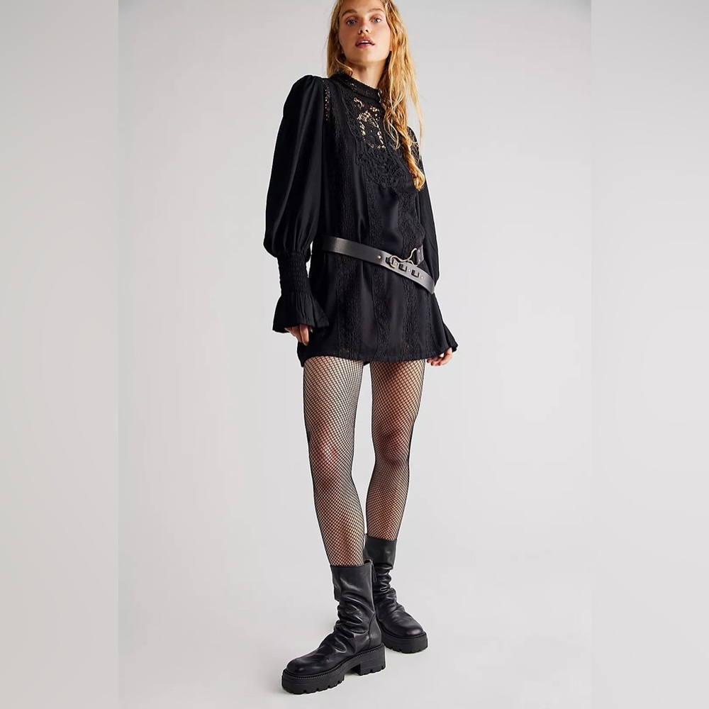 NWT FREE PEOPLE ONE Vienna Crochet Trim Mini Dress In Black MSRP $168 Size XS - Picture 2 of 8